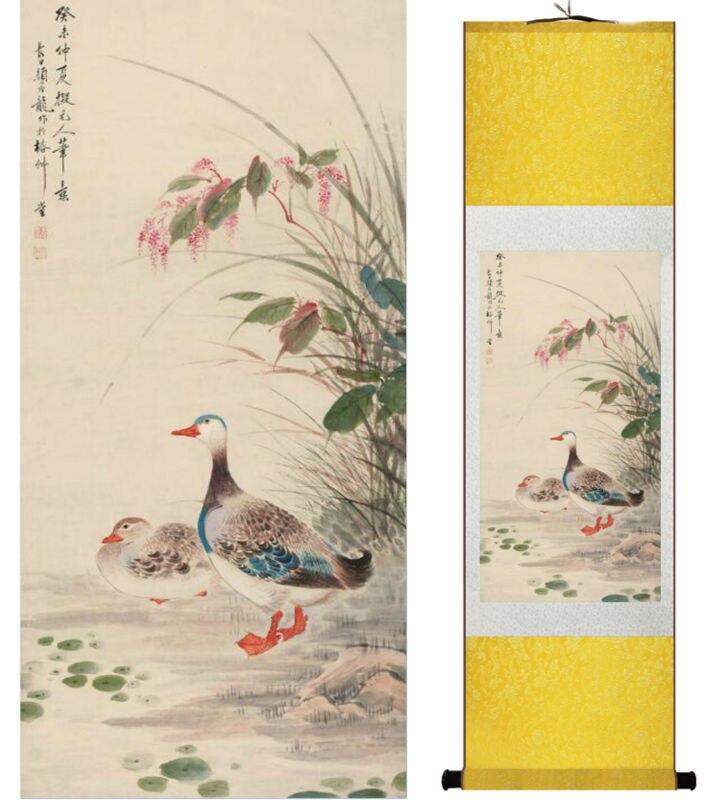 Chinese Art Scroll Painting Duck Ancient Silk Picture Wall Ideas 14274-Chinese Style Finds™