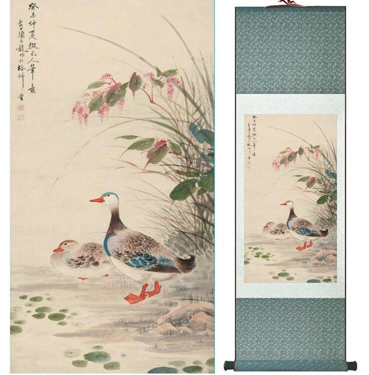 Chinese Art Scroll Painting Duck Ancient Silk Picture Wall Ideas 14274-Chinese Style Finds™