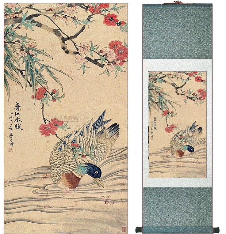 Chinese Art Scroll Painting Duck In River Animal Birds Spring Ancient Silk Picture Wall Ideas 11566-Chinese Style Finds™