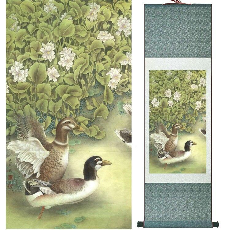 Chinese Art Scroll Painting Ducks And Flower Animal Birds Ancient Silk Picture Wall Ideas 13730-Chinese Style Finds™