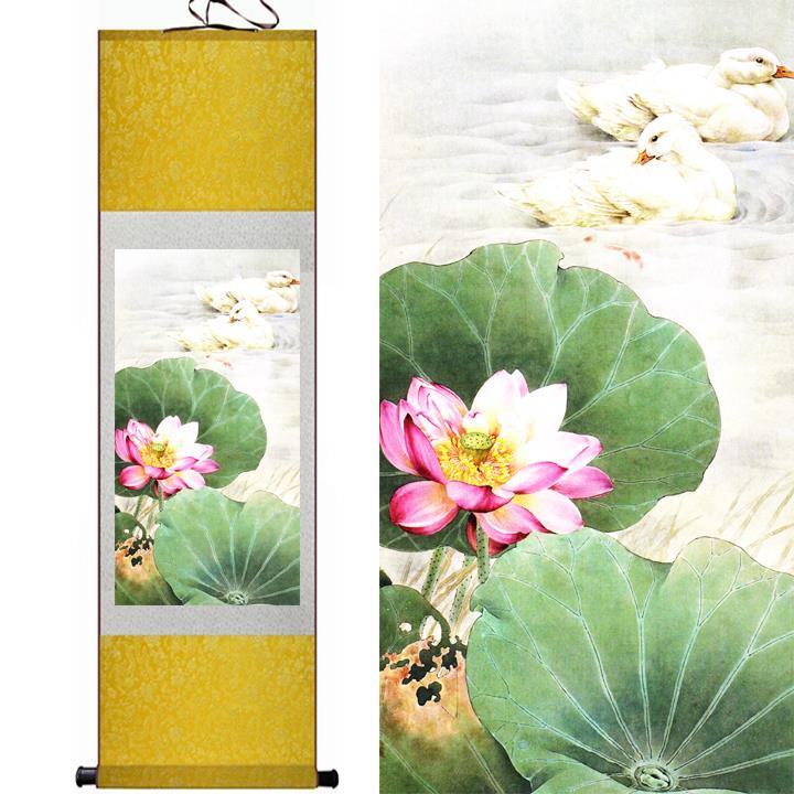 Chinese Art Scroll Painting Ducks And Lotus Flowers Landscape Ancient Silk Picture Wall Ideas 11122-Chinese Style Finds™