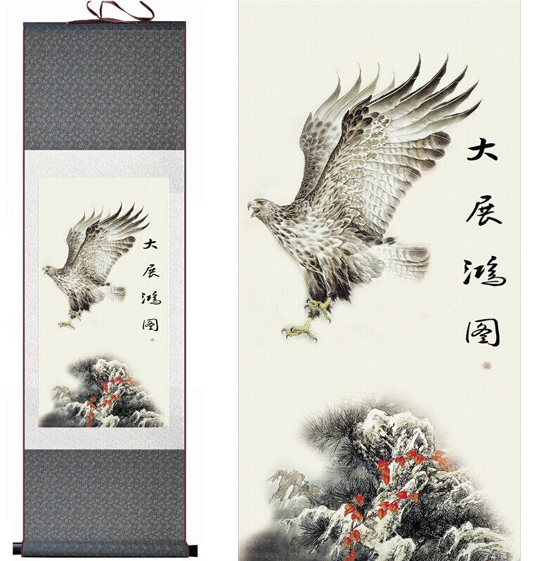 Chinese Art Scroll Painting Eagle Ancient Silk Picture Wall Ideas 10836-Chinese Style Finds™