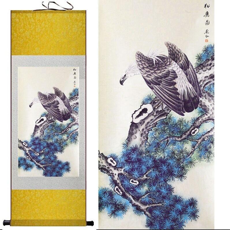 Chinese Art Scroll Painting Eagle On Pine Tree Ancient Silk Picture Wall Ideas 11514-Chinese Style Finds™