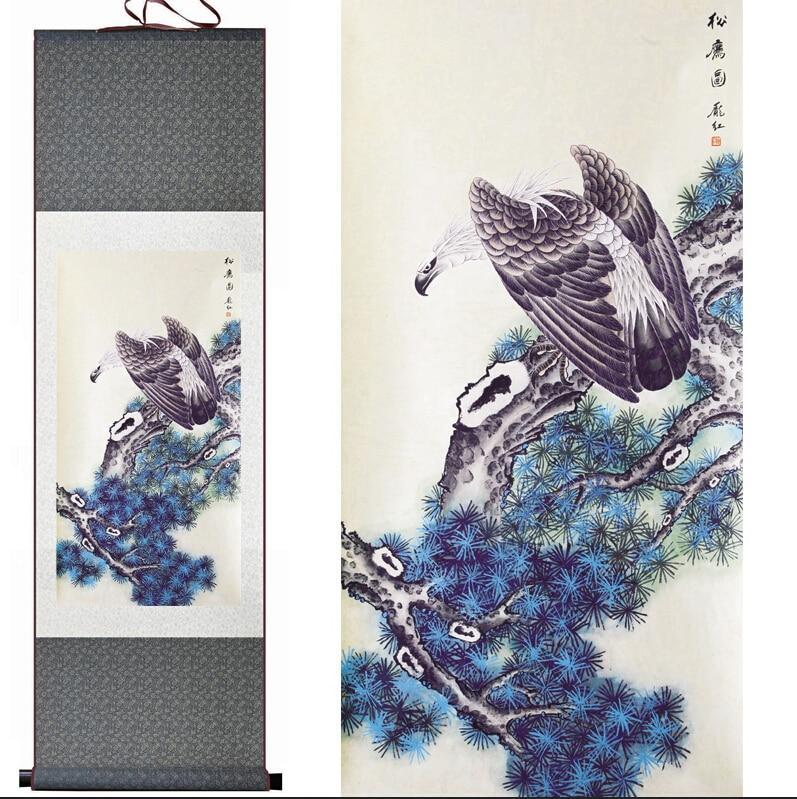 Chinese Art Scroll Painting Eagle On Pine Tree Ancient Silk Picture Wall Ideas 11514-Chinese Style Finds™