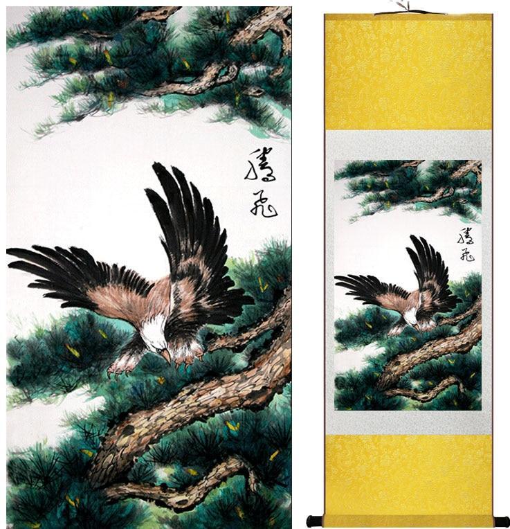 Chinese Art Scroll Painting Eagle On Pine Tree Ancient Silk Picture Wall Ideas 11534-Chinese Style Finds™