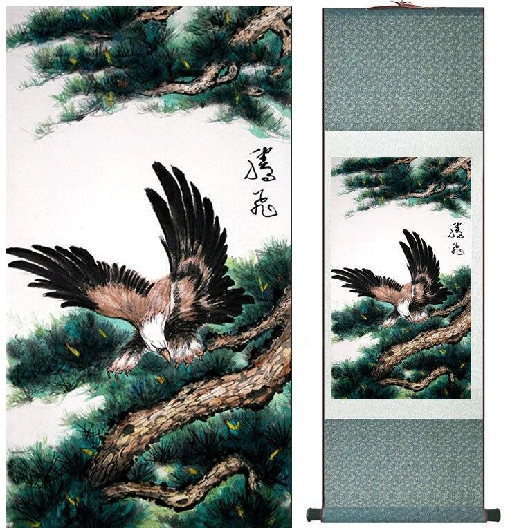 Chinese Art Scroll Painting Eagle On Pine Tree Ancient Silk Picture Wall Ideas 11534-Chinese Style Finds™