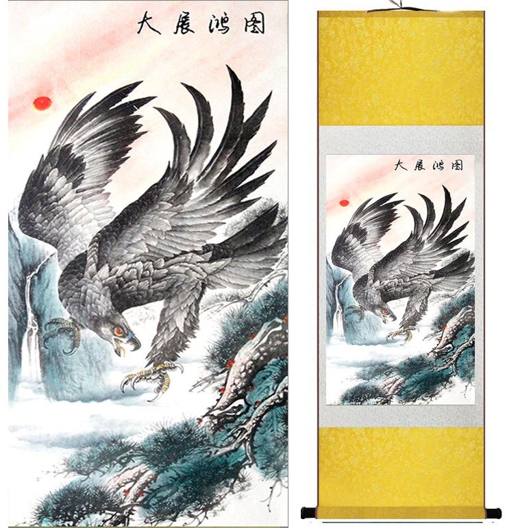 Chinese Art Scroll Painting Eagle On Pine Tree Ancient Silk Picture Wall Ideas 11538-Chinese Style Finds™