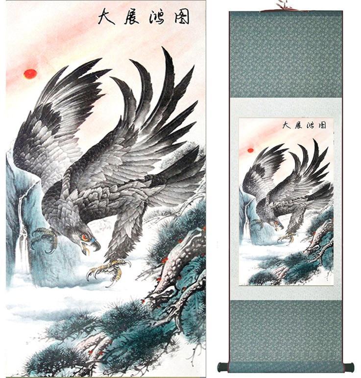 Chinese Art Scroll Painting Eagle On Pine Tree Ancient Silk Picture Wall Ideas 11538-Chinese Style Finds™