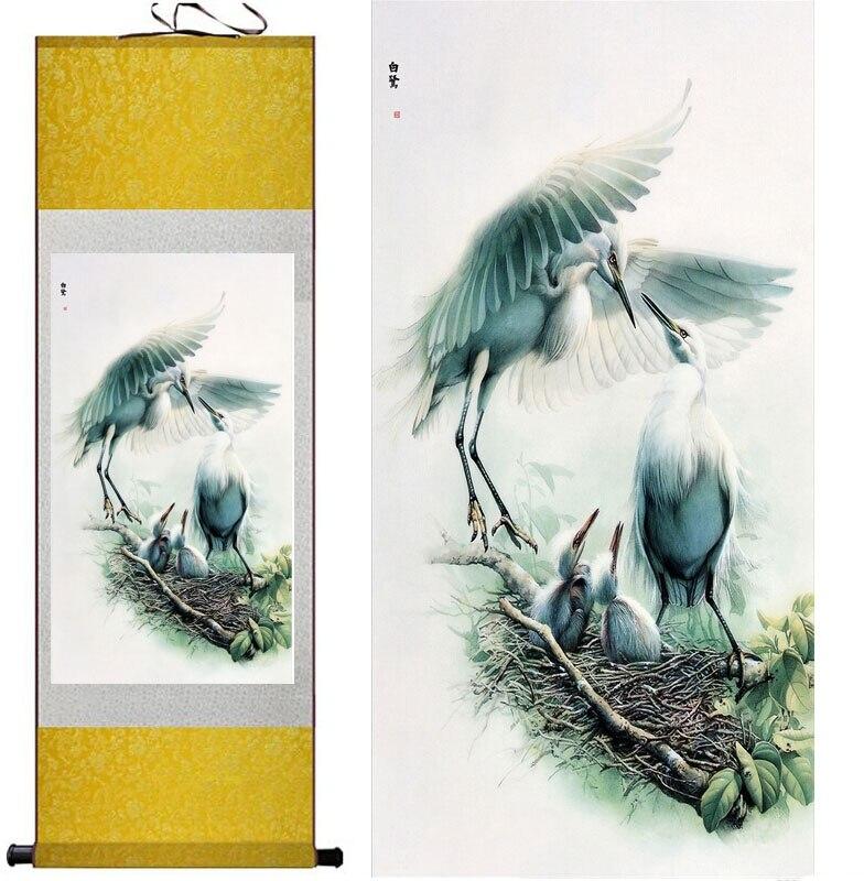 Chinese Art Scroll Painting Egret Ancient Silk Picture Wall Ideas 10852-Chinese Style Finds™