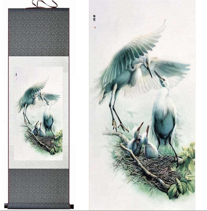 Chinese Art Scroll Painting Egret Ancient Silk Picture Wall Ideas 10852-Chinese Style Finds™