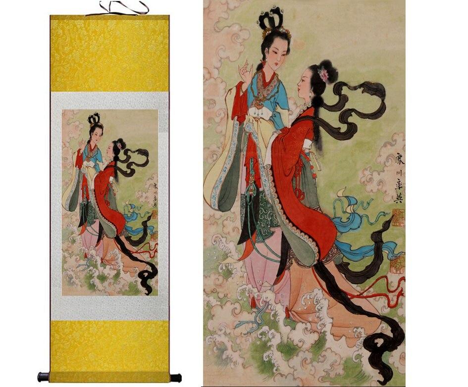 Chinese Art Scroll Painting Fairy Beautiful Women Ancient Silk Picture Wall Ideas 12466-Chinese Style Finds™