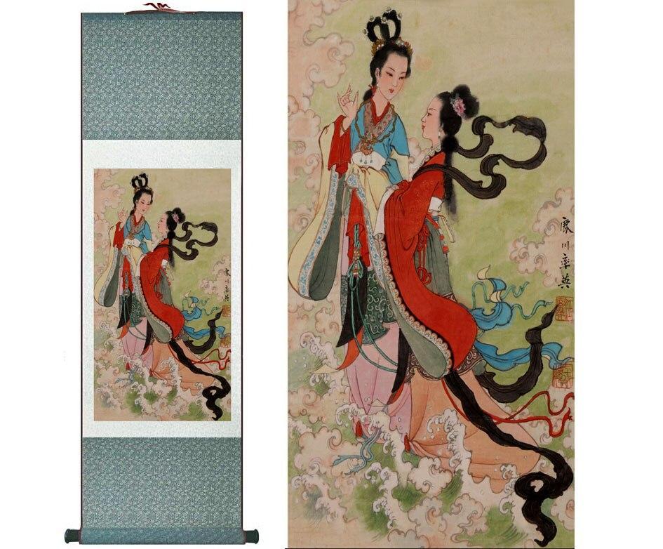 Chinese Art Scroll Painting Fairy Beautiful Women Ancient Silk Picture Wall Ideas 12466-Chinese Style Finds™