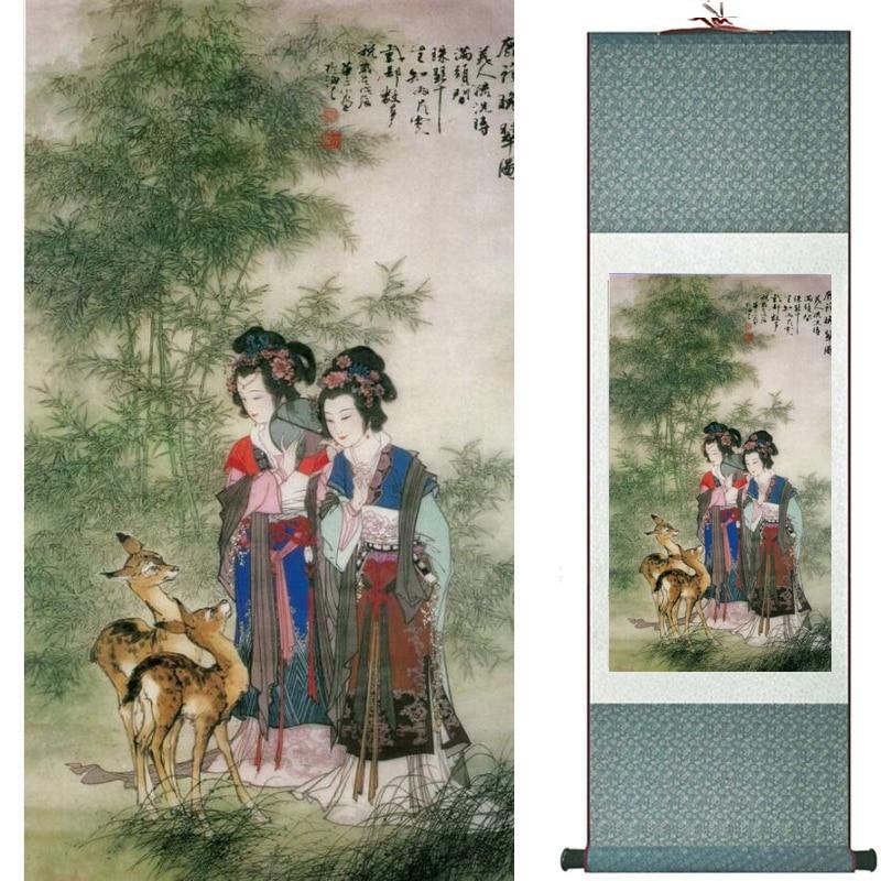 Chinese Art Scroll Painting Fairy Beautiful Women Ancient Silk Picture Wall Ideas 20166-Chinese Style Finds™