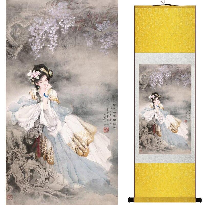 Chinese Art Scroll Painting Figure Beauty Girl Ancient Silk Picture Wall Ideas 15720-Chinese Style Finds™