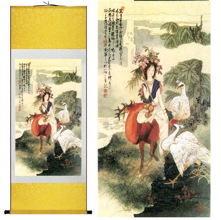 Chinese Art Scroll Painting Figure Portrait Flower Ancient Silk Picture Wall Ideas 10750-Chinese Style Finds™