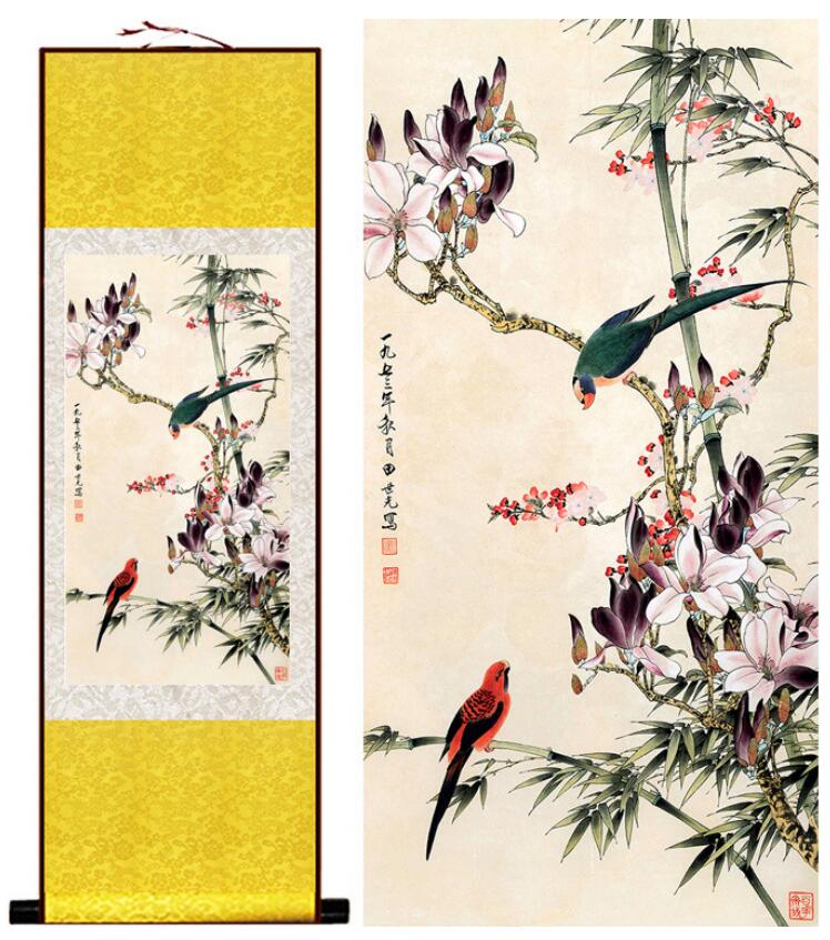 Chinese Art Scroll Painting Flower And Bird Ancient Silk Picture Wall Ideas 13334-Chinese Style Finds™