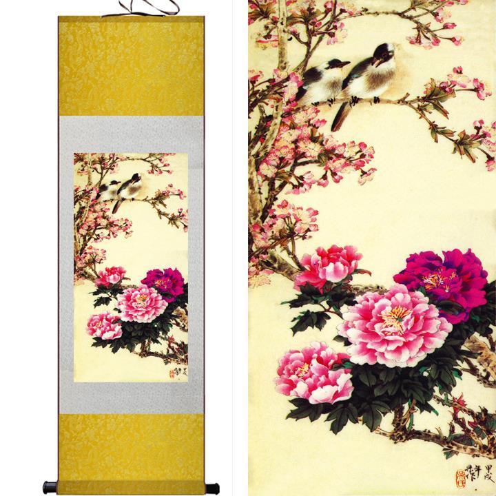 Chinese Art Scroll Painting Flower And Bird Peony Ancient Silk Picture Wall Ideas 10434-Chinese Style Finds™