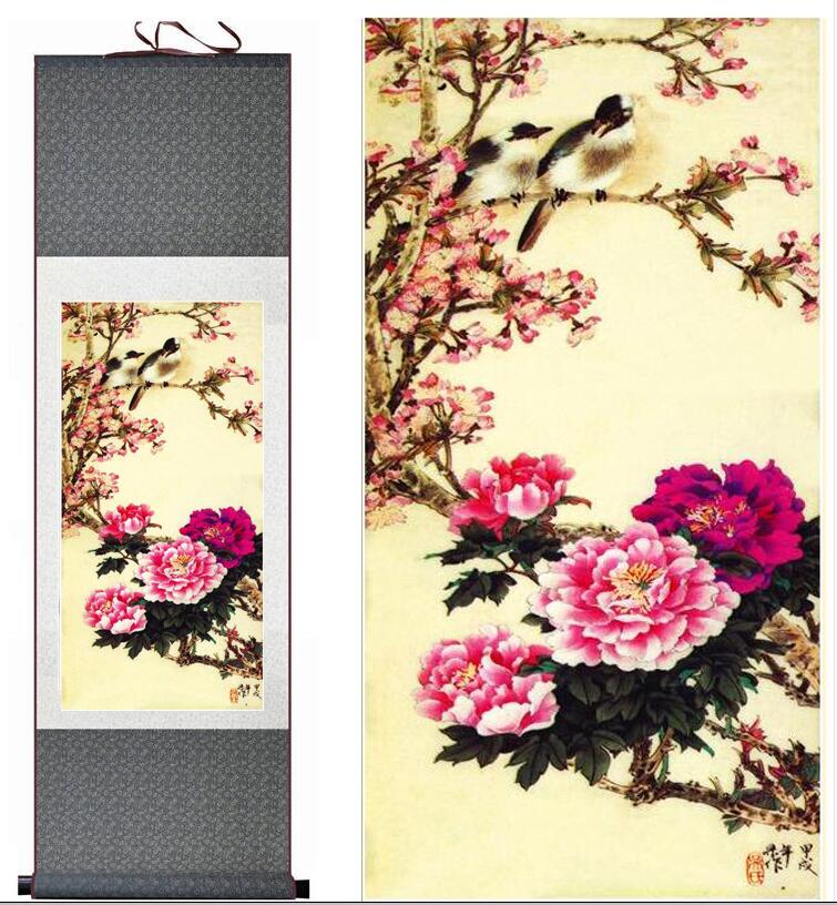 Chinese Art Scroll Painting Flower And Bird Peony Ancient Silk Picture Wall Ideas 10434-Chinese Style Finds™