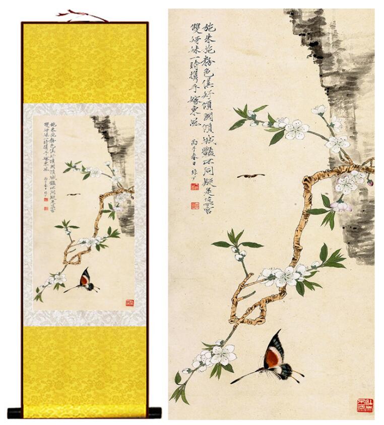 Chinese Art Scroll Painting Flower And Butterfly Animal Birds Ancient Silk Picture Wall Ideas 13326-Chinese Style Finds™