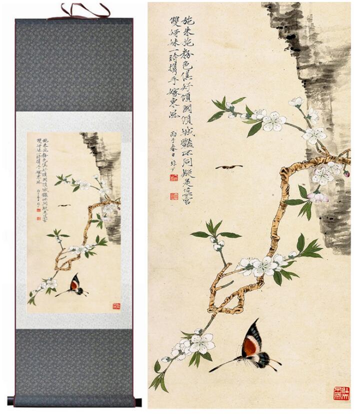 Chinese Art Scroll Painting Flower And Butterfly Animal Birds Ancient Silk Picture Wall Ideas 13326-Chinese Style Finds™