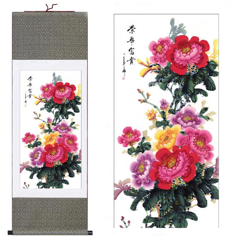 Chinese Art Scroll Painting Flower Rich And Happiness Ancient Silk Picture Wall Ideas 10782-Chinese Style Finds™