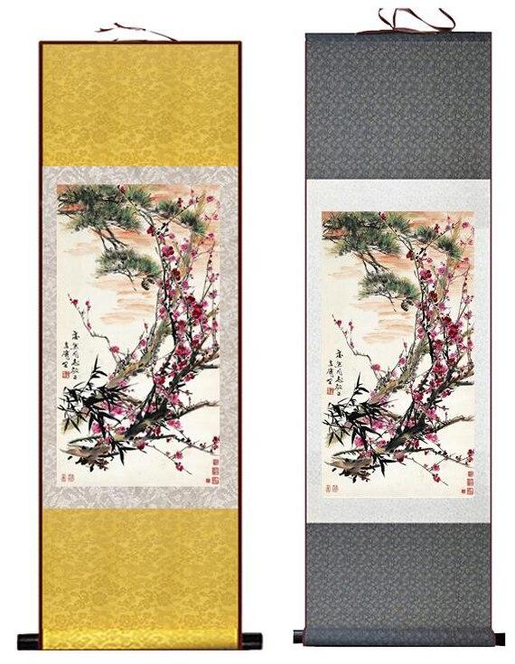 Chinese Art Scroll Painting Flowers Three Companions Ancient Silk Picture Wall Ideas 11886-Chinese Style Finds™