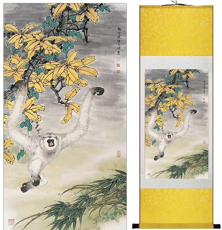 Chinese Art Scroll Painting Gibbon Ancient Silk Picture Wall Ideas 11558-Chinese Style Finds™