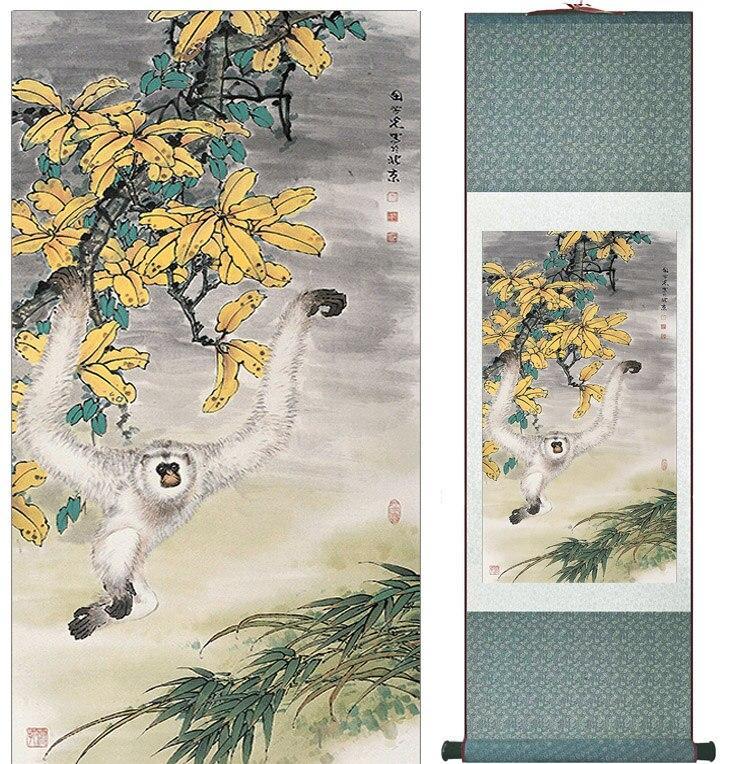 Chinese Art Scroll Painting Gibbon Ancient Silk Picture Wall Ideas 11558-Chinese Style Finds™