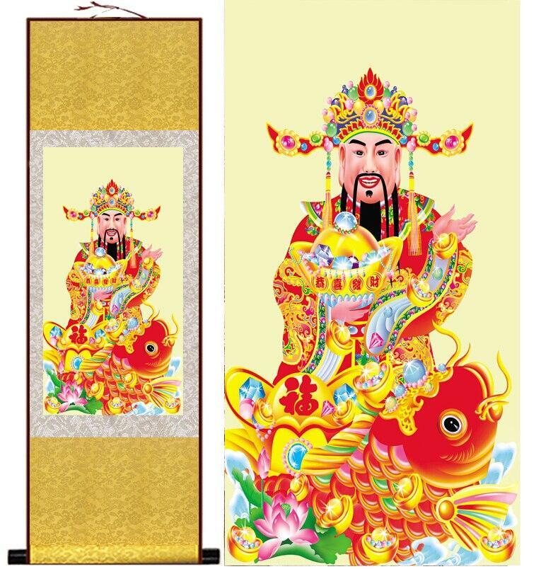 Chinese Art Scroll Painting God Wealth Mammon Ancient Silk Picture Wall Ideas 11134-Chinese Style Finds™