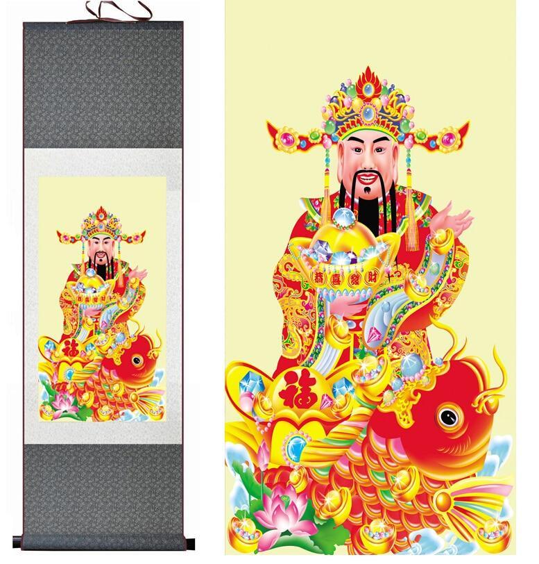 Chinese Art Scroll Painting God Wealth Mammon Ancient Silk Picture Wall Ideas 11134-Chinese Style Finds™