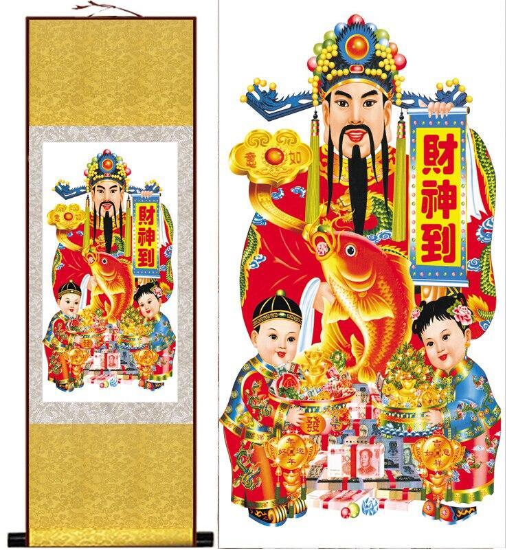 Chinese Art Scroll Painting God Wealth Mammon Ancient Silk Picture Wall Ideas 11138-Chinese Style Finds™