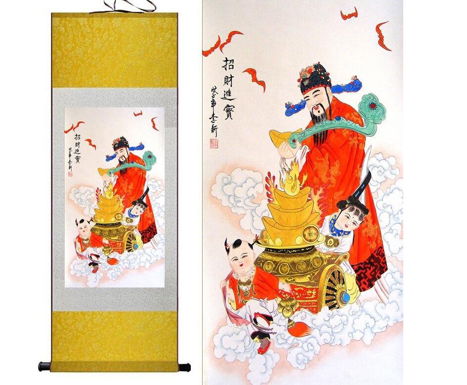 Chinese Art Scroll Painting God Wealth Mammon Ancient Silk Picture Wall Ideas 11174-Chinese Style Finds™