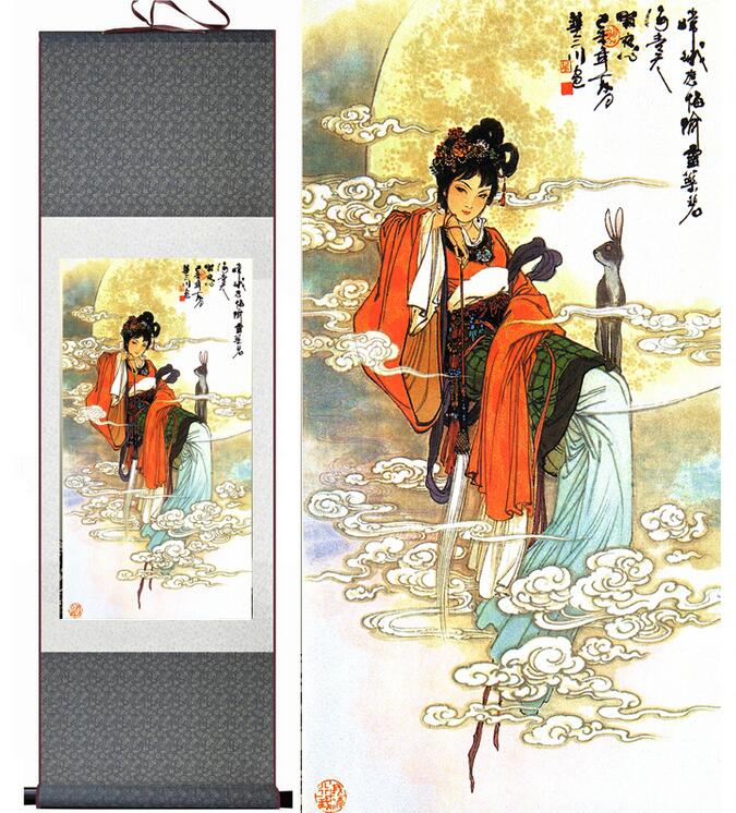 Chinese Art Scroll Painting Goddess Moon Ancient Silk Picture Wall Ideas 12554-Chinese Style Finds™