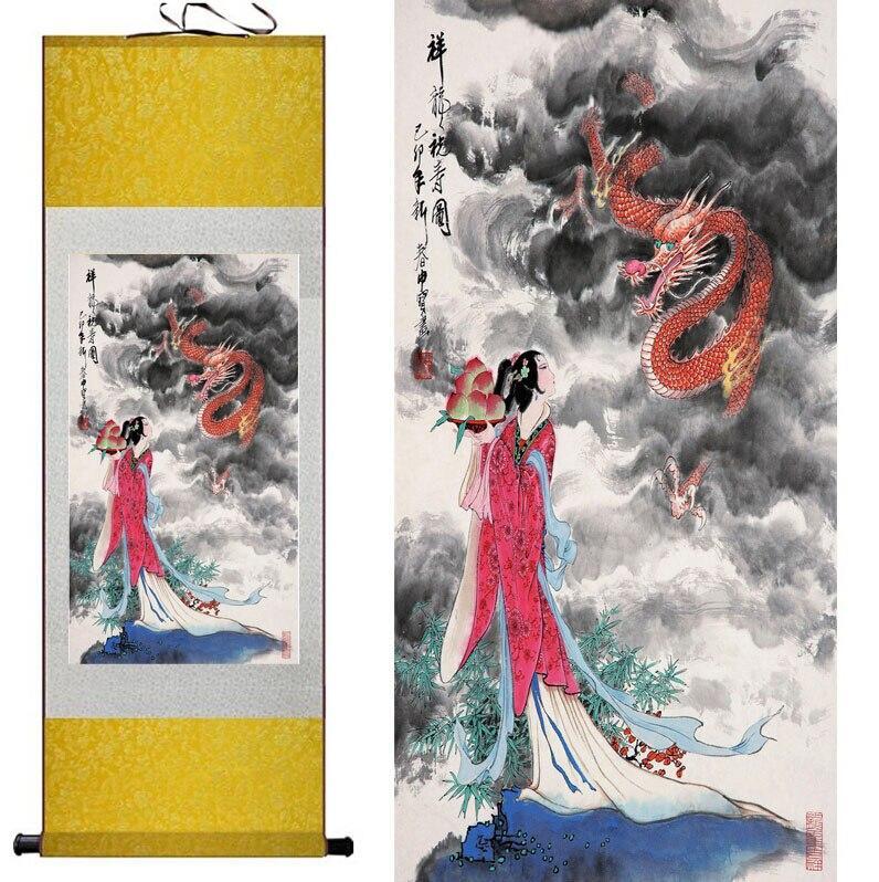 Chinese Art Scroll Painting Good Lucky Dragon Ancient Silk Picture Wall Ideas 10992-Chinese Style Finds™