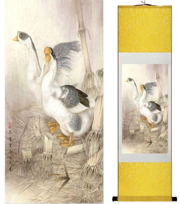 Chinese Art Scroll Painting Goose Ancient Silk Picture Wall Ideas 13758-Chinese Style Finds™