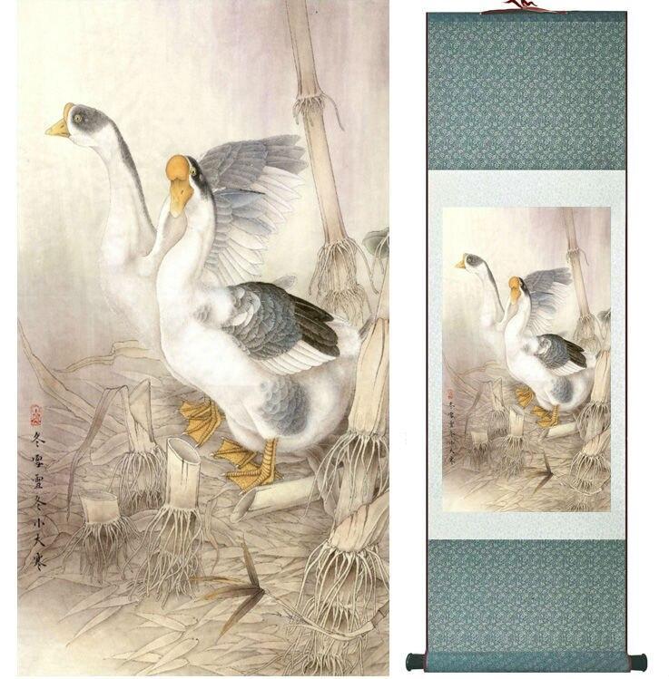 Chinese Art Scroll Painting Goose Ancient Silk Picture Wall Ideas 13758-Chinese Style Finds™