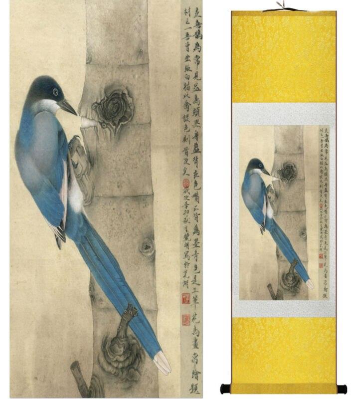 Chinese Art Scroll Painting Gray Magpie Animal Birds Ancient Silk Picture Wall Ideas 13786-Chinese Style Finds™