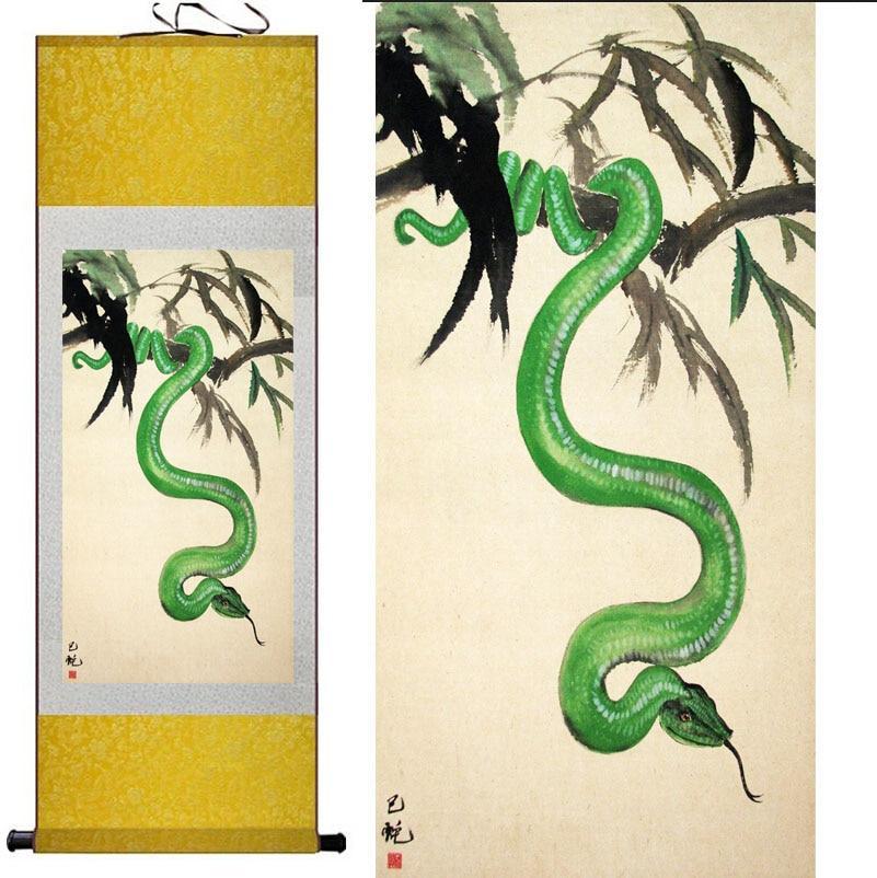 Chinese Art Scroll Painting Green Snake Ancient Silk Picture Wall Ideas 10510-Chinese Style Finds™