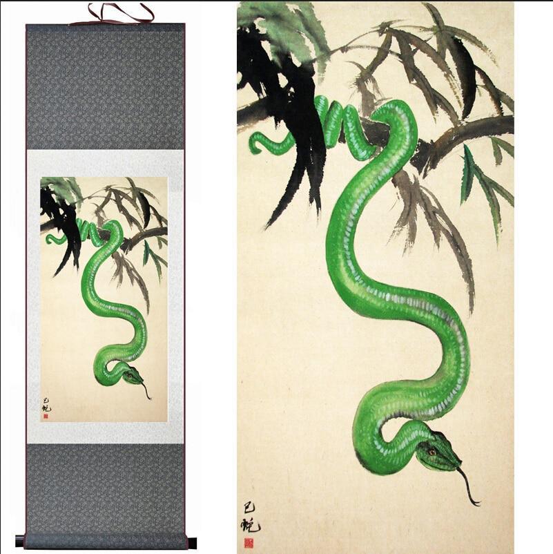 Chinese Art Scroll Painting Green Snake Ancient Silk Picture Wall Ideas 10510-Chinese Style Finds™
