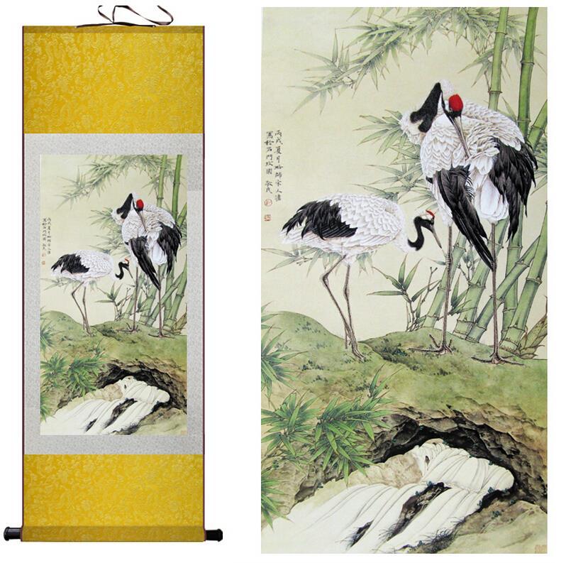 Chinese Art Scroll Painting Gruidae Ancient Silk Picture Wall Ideas 10286-Chinese Style Finds™