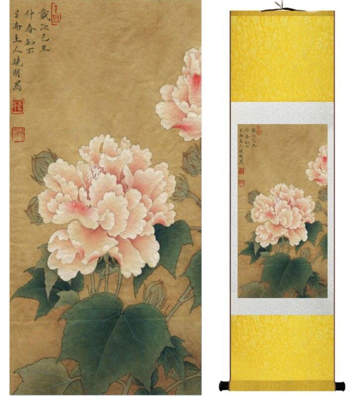 Chinese Art Scroll Painting Hibiscusflowers Ancient Silk Picture Wall Ideas 13818-Chinese Style Finds™