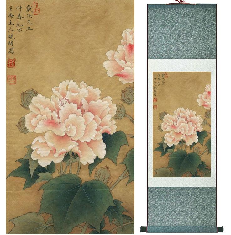 Chinese Art Scroll Painting Hibiscusflowers Ancient Silk Picture Wall Ideas 13818-Chinese Style Finds™