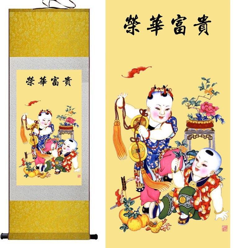 Chinese Art Scroll Painting Kid'S Children Playing High Position And Great Wealth Ancient Silk Picture Wall Ideas 12446-Chinese Style Finds™