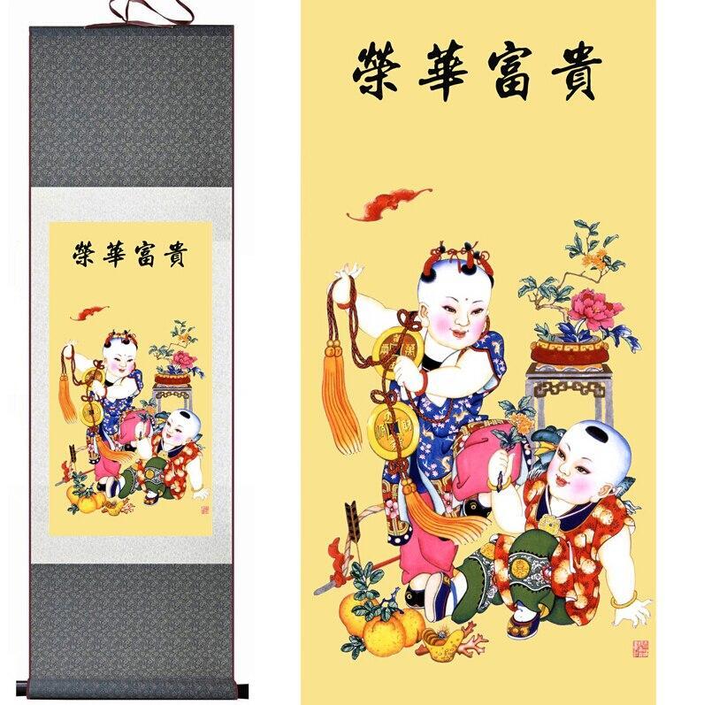 Chinese Art Scroll Painting Kid'S Children Playing High Position And Great Wealth Ancient Silk Picture Wall Ideas 12446-Chinese Style Finds™