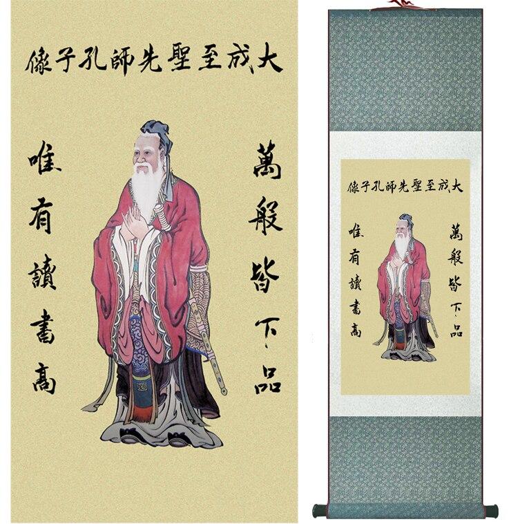 Chinese Art Scroll Painting Kongzi Confusius Ancient Silk Picture Wall Ideas 11842-Chinese Style Finds™