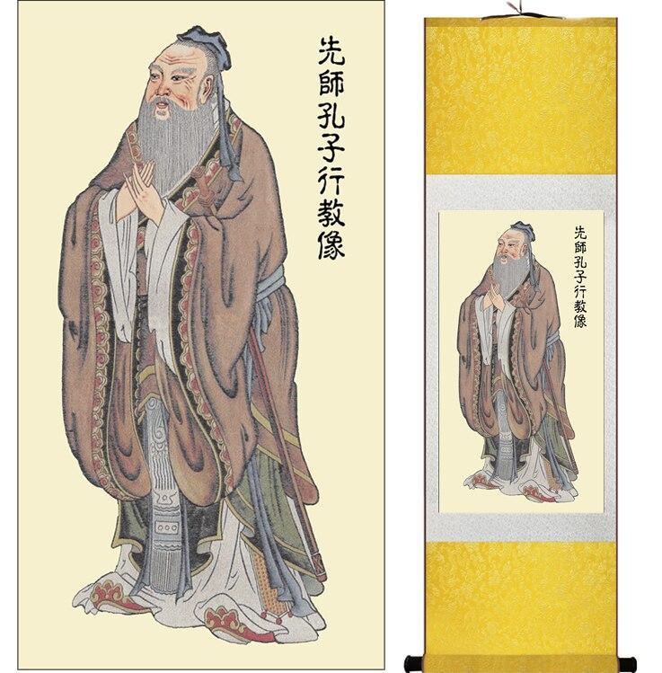 Chinese Art Scroll Painting Kongzi Confusius Ancient Silk Picture Wall Ideas 11846-Chinese Style Finds™