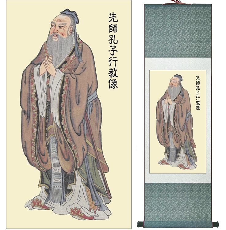 Chinese Art Scroll Painting Kongzi Confusius Ancient Silk Picture Wall Ideas 11846-Chinese Style Finds™