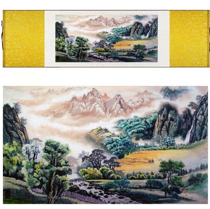 Chinese Art Scroll Painting Landscape Mountain And River Ancient Silk Picture Wall Ideas 11330-Chinese Style Finds™