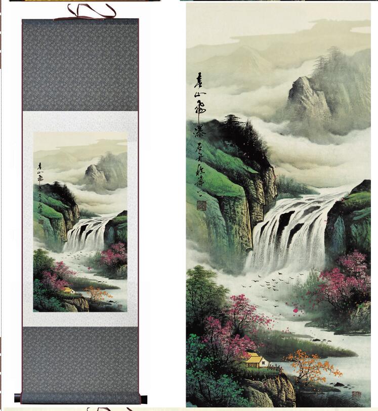 Chinese Art Scroll Painting Landscape Mountain And River Ancient Silk Picture Wall Ideas 12030-Chinese Style Finds™