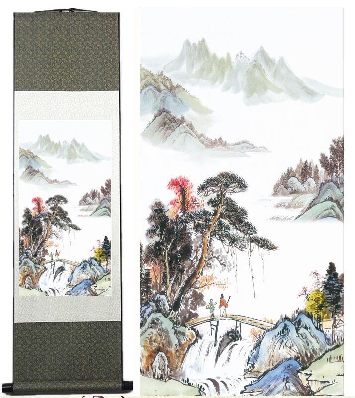 Chinese Art Scroll Painting Landscape Mountain And River Ancient Silk Picture Wall Ideas 12066-Chinese Style Finds™